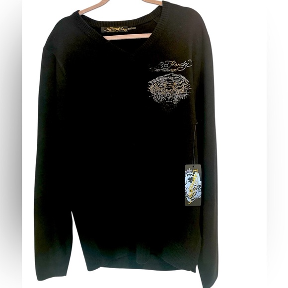 Ed Hardy Sweater NWT $300 Embellishments Gold Tiger front and back - Picture 1 of 9